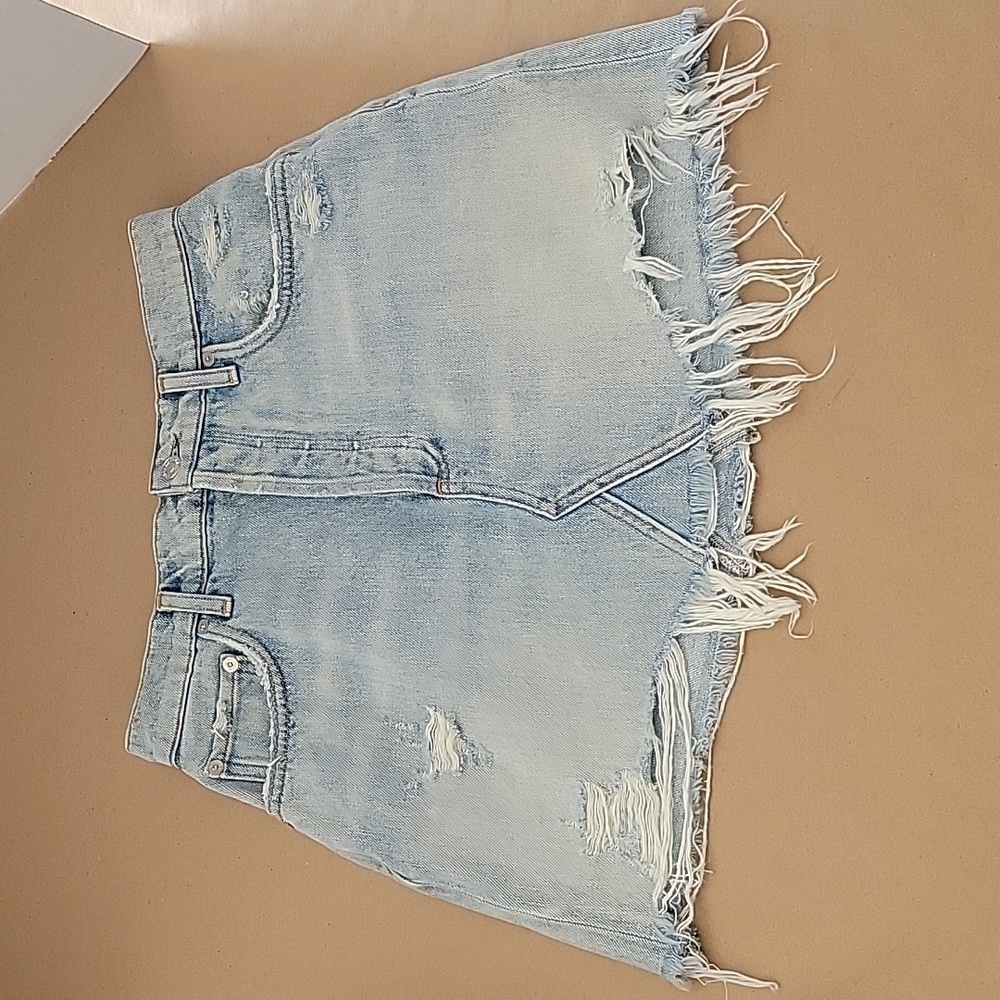 Agolde, Mini Asymmetrical Frayed / Ripped Hem Denim Skirt, Button Fly, GUC